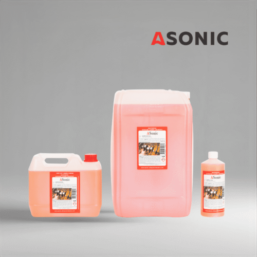 Detergent ASONIC AS-MLP în canistre de 1 l, 5 l și 25 l pentru curățarea pieselor din plastic și metal ușor.