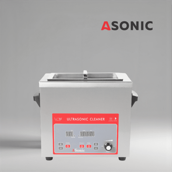 Aparat de curățare cu ultrasunete ASONIC 4L cu capac din oțel inoxidabil, conceput pentru utilizare industrială profesională.
