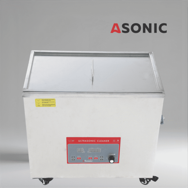 Curățător cu ultrasunete industrial ASONIC 40L cu capac din oțel inoxidabil, conceput pentru uz profesional.