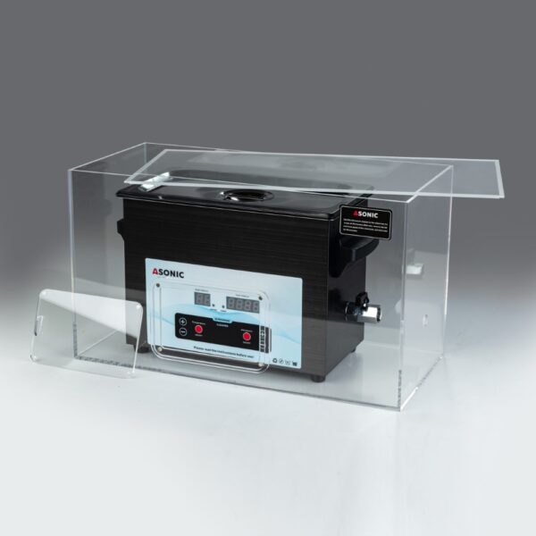 Cutie silențioasă deschisă care conține un aparat de curățare cu ultrasunete ASONIC de 3 litri, ilustrând designul de reducere a zgomotului.