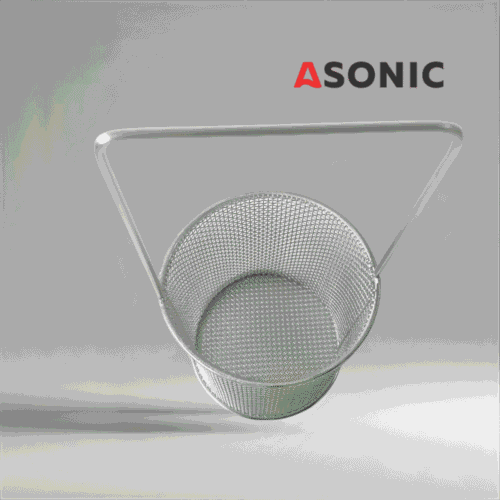 „Coș rotund ASONIC inox Ø75mm cu mâner, accesoriu convenabil pentru aparate de curățare cu ultrasunete, ideal pentru obiecte mici.