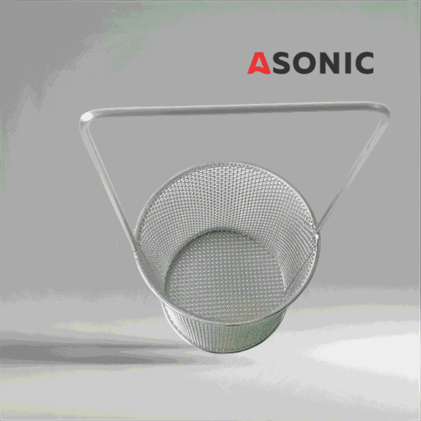 „Coș rotund ASONIC inox Ø75mm cu mâner, accesoriu convenabil pentru aparate de curățare cu ultrasunete, ideal pentru obiecte mici.