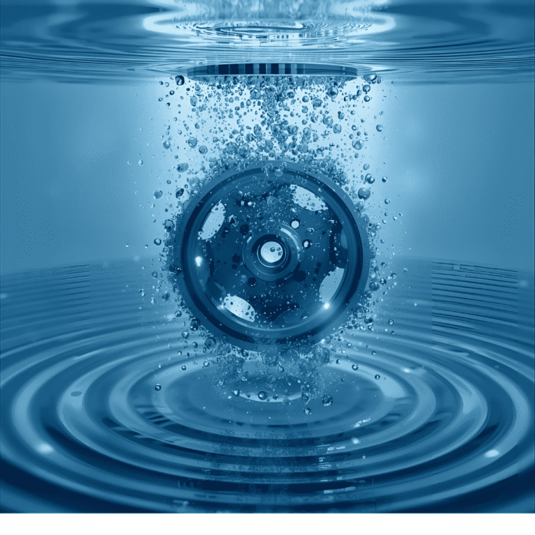 Angrenaj metalic scufundat în apă albastră cu bule care simbolizează curățarea cu ultrasunete a obiectelor complexe.